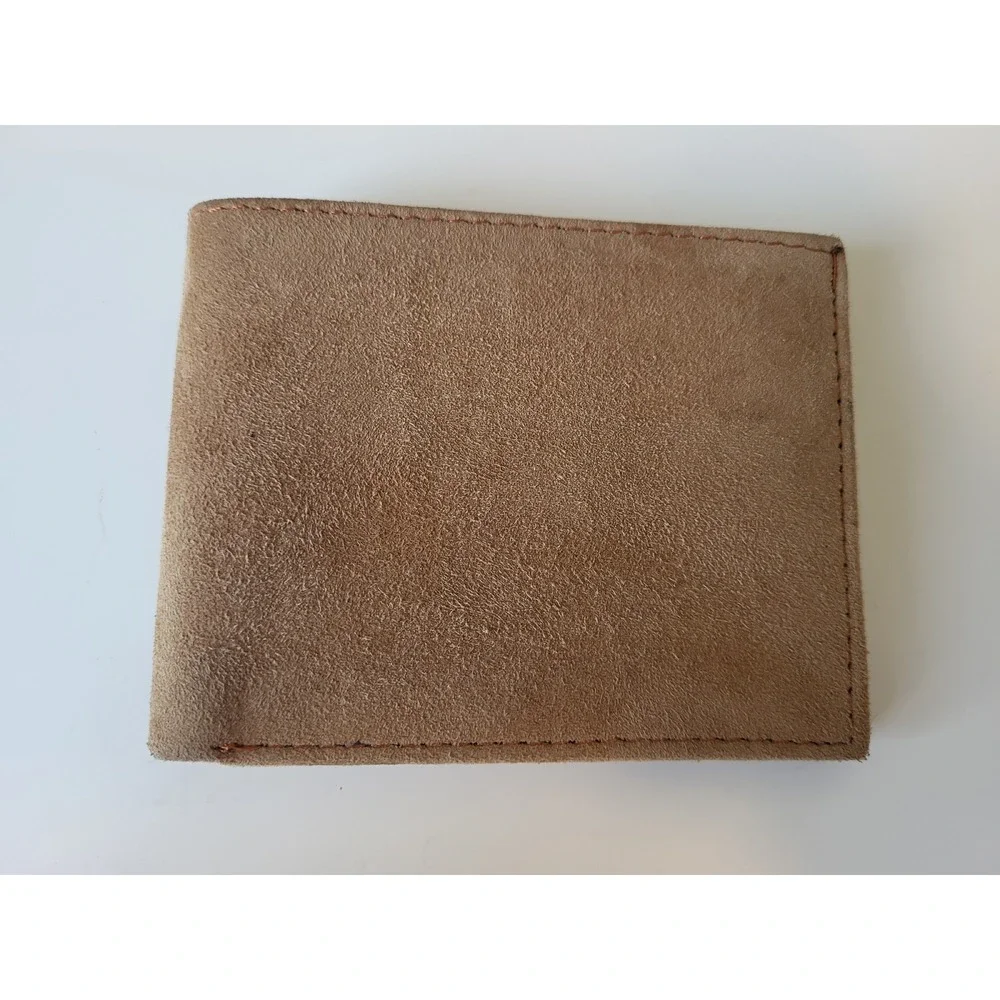 Tan Brown Suede Leather Bifold Wallet Mens Two ID Windows Slim‎ Card Holder
